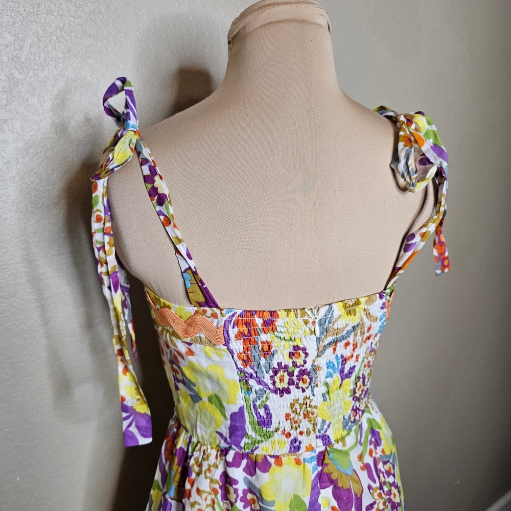 Fate Floral Tie Shoulder Ric Rac Trim Tiered Cotton Maxi Dress Small Multi Color - Picture 5 of 10